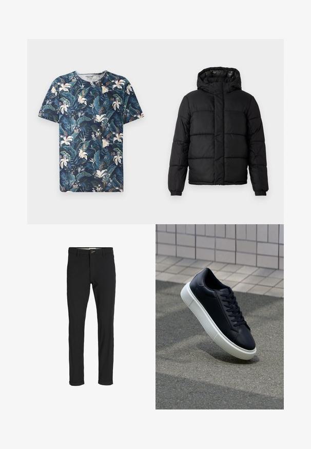 Chaqueta acolchada negra con capucha, que presenta un diseño acolchado, cierre de cremallera y puños elásticos. Material suave y ligero con un acabado brillante.; Camiseta de manga corta de color navy con un patrón tropical de flores y hojas en verdes y blancos, hecha de una tela suave y con un cuello redondo.; Pantalones de mezcla de algodón negros con corte ajustado, que presentan un cierre de botón, bolsillos y puños enrollados para un acabado casual.; Zapatilla de cuero negro con punta redonda y suela de goma blanca. Presenta cordones planos y un mínimo de costuras en la parte superior. Suela texturizada para proporcionar agarre.