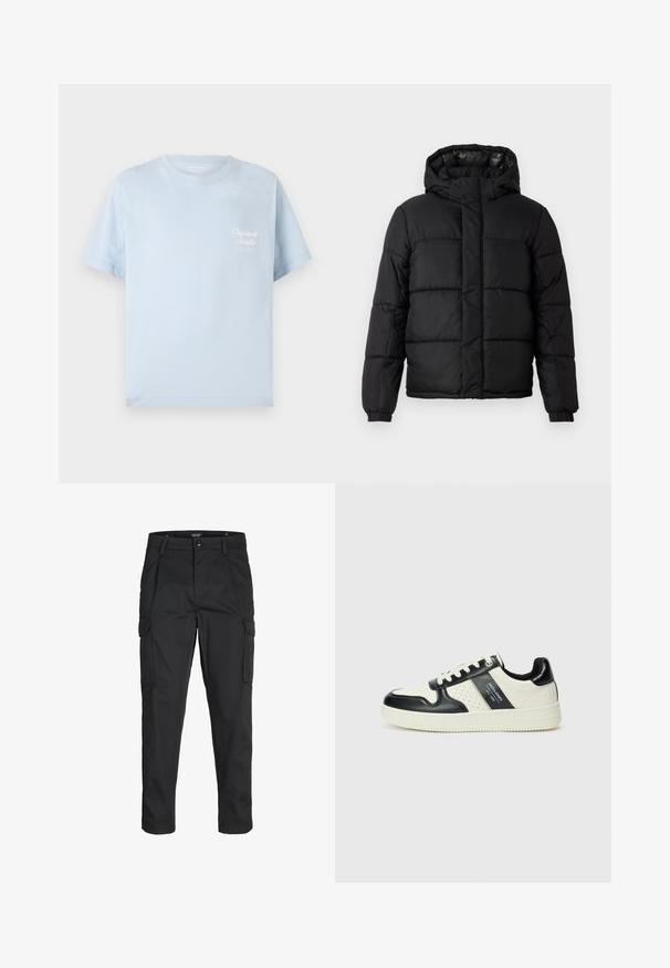 Melnas pūkainās virsjakas ar kapuci, ar izšūtu dizainu, ar rāvējslēdzēja aizdari un elastīgām piedurknēm. Gluda, viegla materiāla ar spīguļojošu apdari.; Gai zila T-krekla, kas izgatavots no kokvilnas, ar apaļu kakla izgriezumu, īsām piedurknēm un mazu balto logo uz krūtīm, ar gludu tekstūru.; Melnas kravas bikses, izgatavotas no izturīga auduma, ar vairākiem kabatām, pogu aizdari un šaura piegriezuma dizainu ar sašaurinātiem kāju apakšiem.; Ādas sporta apavi ar melnbaltu krāsu shēmu, ar perforētiem akcentiem, mīkstinātu apkakli un teksturētu zoli.