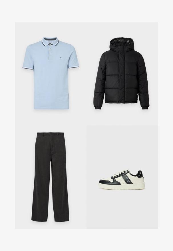 Mustan värvi puffjakki kapuutsiga, millel on tikitud disain, tõmbluku sulgemine ja elastsed varrukad. Sile, kerge materjal, millel on läikiv viimistlus.; Hele helesinine puuvillane polo särk, millel on kolme nupuga säär, kontrastne krae ja soonitud mansetid tumedate siniste aktsentidega.; Mustard pruunid puuvillased püksid laia sääre kujundusega, millel on vertikaalne ribatekstuur, lukuga ees, nupp kinnitamiseks ja ees taskud.; Nahatud nahkkingad musta ja kreemi värviskeemiga, millel on perforeeritud aktsendid, pehme krae ja tekstureeritud tallad.