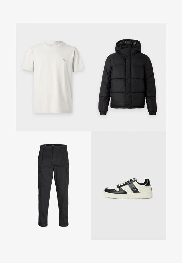 Zwarte pufferjas met capuchon, met een gequilt ontwerp, ritsluiting en elastische manchetten. Glad, lichtgewicht materiaal met een glanzende afwerking.; Kortebloem t-shirt in lichtbeige katoen, met een klein geborduurd hertenlogo op de linkerborst. Ronde hals met een reguliere pasvorm.; Zwarte cargobroek van stevig stof, met meerdere zakken, een knoopsluiting en een slim fit ontwerp met taps toelopende benen.; Leren sneakers met een zwart en crèmekleurig kleurenschema, voorzien van geperforeerde accenten, een gevoerde kraag en een gestructureerde buitenzool.