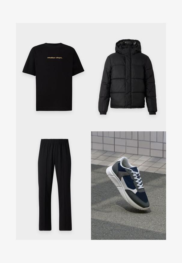 Black puffer jacket with a hood, featuring a quilted design, zip closure, and elastic cuffs. Smooth, lightweight material with a glossy finish.; Black cotton t-shirt with short sleeves featuring "atelier dept." logo in gold on the front. Classic crew neck design, relaxed fit.; Black, elastic-waist trousers with a straight-leg design, featuring a smooth texture and no visible patterns or hardware.; Sneaker featuring a navy blue mesh upper, gray suede accents, white rubber sole, and flat white laces, designed for comfort and breathability.