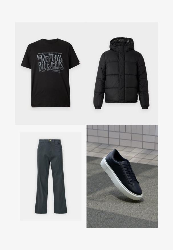 Casaco puffer preto com capuche, apresentando um design acolchoado, fecho com zíper e punhos elásticos. Material suave e leve com um acabamento brilhante.; T-shirt de algodão preto com uma gráfica de estilo vintage em azul claro. O texto inclui "Replay Blue Jeans" e "Authentic Premium Clothing."; Calças pretas com corte reto, feitas de um tecido em mistura de algodão. Apresenta um fecho com botão metálico e bolsos laterais. Sem padrões visíveis.; Sapatilha de couro preto com bico arredondado e sola de borracha branca. Apresenta atacadores planos e costuras mínimas na parte superior. Sola texturizada para melhor aderência.