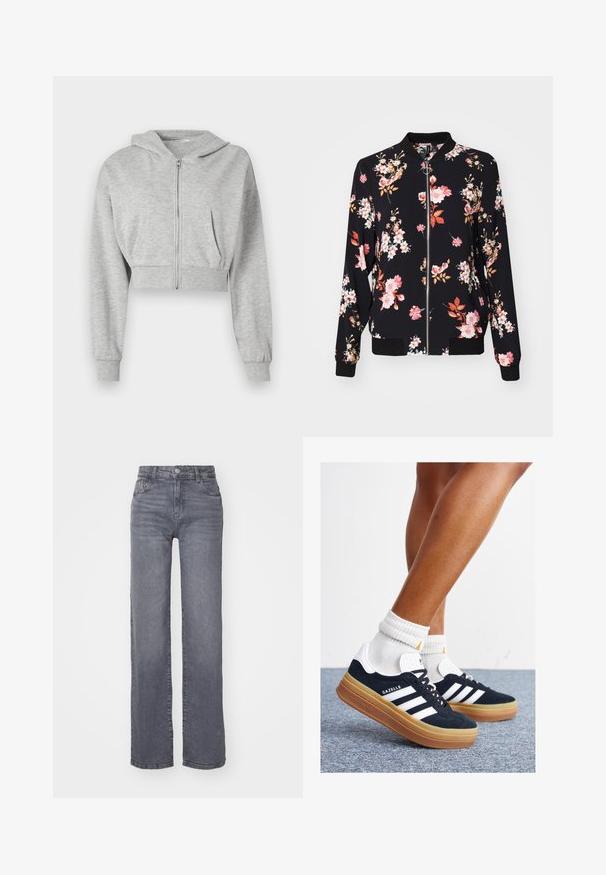 Giubbotto bomber in tessuto nero con motivo floreale caratterizzato da fiori rosa, bianchi e arancioni; polsini, colletto e vita a costine; chiusura frontale con zip.; Felpa grigia corta realizzata in tessuto morbido, con zip frontale, maniche lunghe e due tasche anteriori. Tessuto liscio, cappuccio regolabile.; Set di tre t-shirt a maniche corte in nero, grigio e bianco. Realizzate in cotone, presentano un collo a giro e un design semplice in un colore solido.; Jeans grigi ampi realizzati in denim con una finitura liscia, dotati di chiusura con bottone e zip, e cinque tasche.; Sneakers in pelle scamosciata nera con strisce e dettagli bianchi, punta arrotondata, suola in gomma color gomme, abbinate a calzini bianchi a coste alla caviglia.