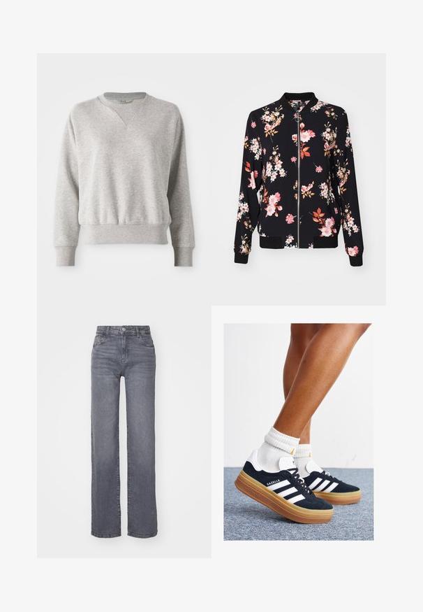 Chaqueta bomber de tejido negro con estampado floral que presenta flores en tonos rosa, blanco y naranja; puños, cuello y cinturilla acanalados; cierre frontal con cremallera.; Sudadera gris claro con cuello redondo y ribetes acanalados. Presenta un ajuste relajado y una ligera textura acanalada en los puños y la cintura.; Vaqueros anchos grises hechos de denim con una textura suave, que cuentan con un cierre de botón y cremallera, y cinco bolsillos.; Zapatillas deportivas de gamuza negra con rayas y detalles blancos, puntera redondeada, suela de goma color caramelo, combinadas con calcetines blancos acanalados a la altura del tobillo.