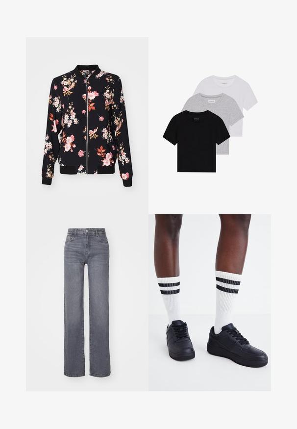 Fekete anyagú bomber dzseki virágmintával, rózsaszín, fehér és narancssárga virágokkal; bordás mandzsetták, gallér és derékpánt; elülső cipzáras záródás.; Három rövidujjú póló készlet fekete, szürke és fehér színben. Pamutból készült, kerek nyakú, egyszerű, egyszínű dizájnnal.; Szürke, széles szárú farmernadrág sima textúrából, gombbal és cipzárral záródik, öt zsebből áll.; Fekete bőr sportcipők struktúrált felülettel, fehér bordás zoknikkal, amelyek tetején fekete csíkok találhatók.