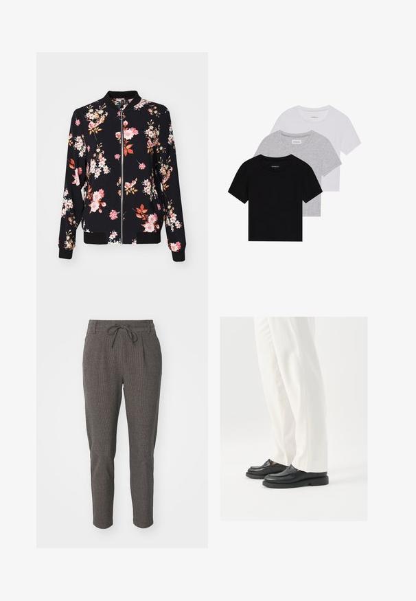 Kurtka bombowiec z czarnego materiału z kwiatowym wzorem, zawierająca różowe, białe i pomarańczowe kwiaty; ściągacze przy mankietach, kołnierzu i w pasie; zamek błyskawiczny z przodu.; Zestaw trzech koszulek z krótkim rękawem w kolorze czarnym, szarym i białym. Wykonane z bawełny, z okrągłym dekoltem i prostym, jednolitym wzorem.; Szare spodnie o fakturowanej strukturze z elastycznym paskiem i wąskimi nogawkami, z dodatkowymi zakładkami z przodu dla lepszego wykończenia. Wykonane z lekkiego materiału, idealne na codzienne noszenie.; Czarne skórzane mokasyny o gładkiej teksturze, ze szczegółami w postaci szwów i zaokrąglonym noskiem, zestawione z białymi eleganckimi spodniami.