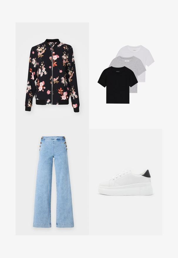 Bomberjakke i svart stoff med blomster mønster som har rosa, hvite og oransje blomster; ribbede mansjetter, krage og liv; front glidelås lukking.; Sett med tre kortermede t-skjorter i svart, grått og hvitt. Laget av bomull, med rund hals og en enkel, ensfarget design.; Lys blå denim wide-leg jeans med høy midje, med metallknappdetaljer langs sidene og en jevn, litt slitt tekstur.; Hvite plattform sneakers laget av glatt syntetisk materiale, med rund tå, snøring og en strukturert gummisåle. Svart hæl akcent.