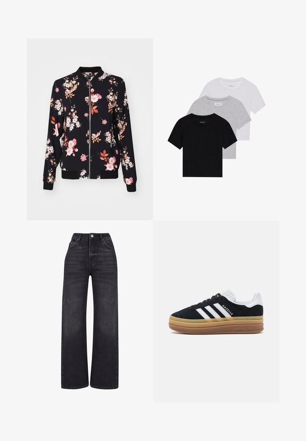Bomber bunda v černé tkanině s květinovým vzorem, který zahrnuje růžové, bílé a oranžové květy; žebrované manžety, límec a pas; přední zipové zapínání.; Sada tří triček s krátkým rukávem v černé, šedé a bílé barvě. Vyrobena z bavlny, s kulatým výstřihem a jednoduchým jednobarevným designem.; 2Y Studios NAYA BASIC LIGHT - Wide leg - washed black; Černé semišové tenisky s bílými akcenty a třemi pruhy, s texturovaným bílým podpatkem, gumovou podrážkou a brandingem "Gazelle".