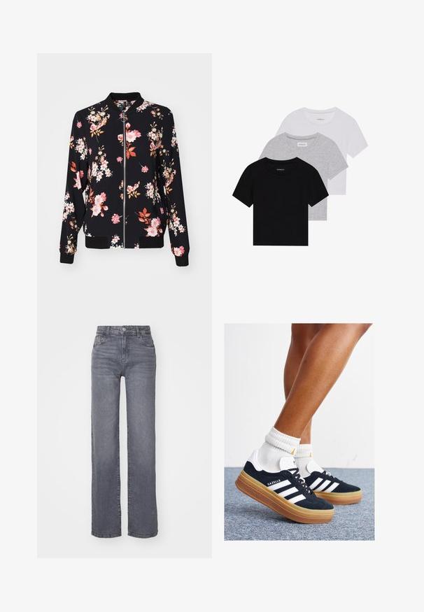 Casaco bomber em tecido preto com padrão floral apresentando flores cor-de-rosa, brancas e laranjas; punhos, gola e bainha em ribana; fecho frontal com zíper.; Conjunto de três t-shirts de manga curta nas cores preto, cinza e branco. Feitas em algodão, com gola redonda e um design simples, em cores sólidas.; Jeans largos cinzentos feitos de denim com uma textura suave, apresentando um fecho de botão e zipper, e cinco bolsos.; Ténis de camurça preta com riscas e detalhes brancos, biqueira arredondada, sola em borracha cor de goma, combinados com meias brancas caneladas até à altura do tornozelo.