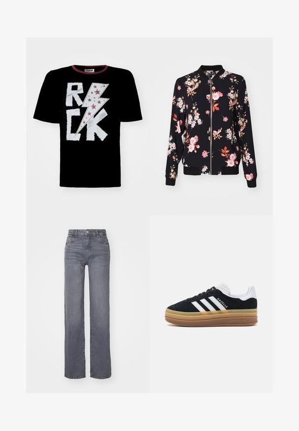Bomberjack in zwarte stof met een bloemmotief waarin roze, witte en oranje bloemen zijn weergegeven; geribbelde manchetten, kraag en tailleband; voor sluiting met rits.; Zwart T-shirt met een ontwerp van een witte en rode bliksemschicht en de tekst "ROCK", versierd met rode sterren. Ronde hals met contrasterende afwerking.; Grijze wijde spijkerbroek van denim met een gladde textuur, voorzien van een knoop- en ritsluiting en vijf zakken.; Zwarte suède sneakers met witte accenten en drie stripes, voorzien van een gestructureerde witte hiel, rubberen zool en 'Gazelle' branding.