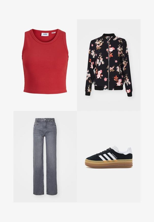 Bomber bunda v čiernej tkanine s kvetinovým vzorom, ktorý obsahuje ružové, biele a oranžové kvety; rebrované manžety, golier a pás; predné zapínanie na zips.; Červený rebrovaný top bez rukávov s okrúhlym výstrihom a prešitým lemom. Obsahuje štítok s označením vo vnútri goliera. Mäkkaný, štruktúrovaný materiál.; Šedé široké džíny vyrobené z denimu s hladkou textúrou, s gombíkom a zipsom na zapínanie a piatimi vreckami.; Čierne semišové tenisky s bielymi akcentmi a tromi prúžkami, s textúrovaným bielym opätkom, gumovou podrážkou a brandingom "Gazelle".