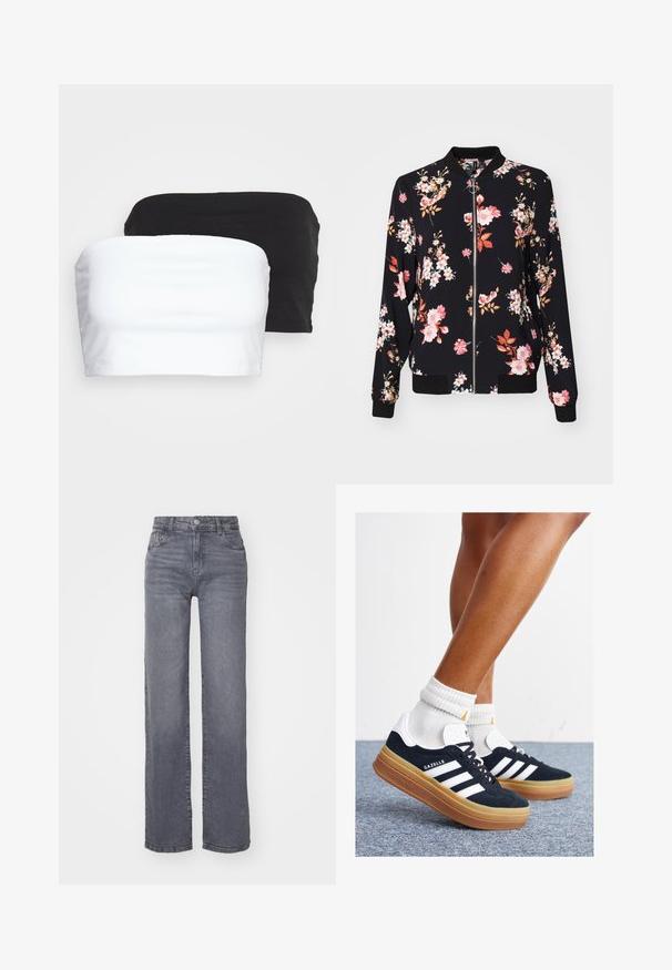 Giubbotto bomber in tessuto nero con motivo floreale caratterizzato da fiori rosa, bianchi e arancioni; polsini, colletto e vita a costine; chiusura frontale con zip.; Due top in cotone elasticizzato, uno nero e uno bianco, senza spalline. Texture liscia con un design semplice e senza cuciture visibili.; Jeans grigi ampi realizzati in denim con una finitura liscia, dotati di chiusura con bottone e zip, e cinque tasche.; Sneakers in pelle scamosciata nera con strisce e dettagli bianchi, punta arrotondata, suola in gomma color gomme, abbinate a calzini bianchi a coste alla caviglia.