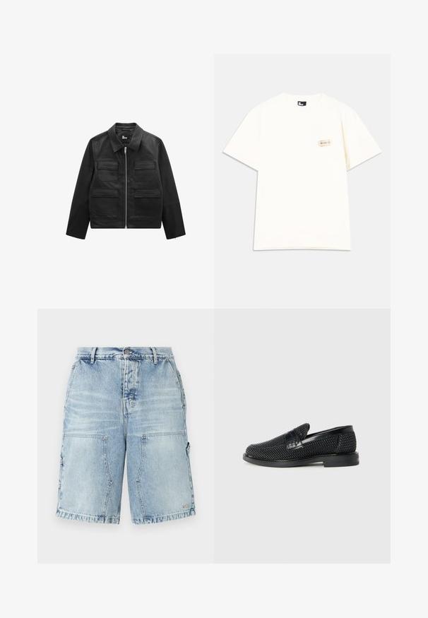 Czarna skórzana kurtka z frontowym zamkiem, czterema kieszeniami na klapki, długimi rękawami i klasycznym kołnierzykiem, oznaczona etykietą "The Kooples" wewnątrz.; Kremowa koszulka z krótkim rękawem wykonana z bawełny, z małą kieszonką z detalem etykiety w górnym lewym rogu. Okrągły dekolt.; Jasnoniebieskie szorty dżinsowe o luźnym kroju, z dwoma przednimi kieszeniami i dodatkowymi kieszeniami po bokach. Zniszczona faktura na całej powierzchni.; Czarny, pleciony but wsuwany z gładkim skórzanym akcentem na cholewce, o okrągłym nosku i niskoprofilowej gumowej podeszwie.