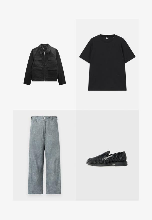 Czarna skórzana kurtka z frontowym zamkiem, czterema kieszeniami na klapki, długimi rękawami i klasycznym kołnierzykiem, oznaczona etykietą "The Kooples" wewnątrz.; Czarna koszulka z krótkim rękawem wykonana z bawełny, z okrągłym dekoltem i małym detalem logo blisko dolnej krawędzi. Gładka faktura, standardowy krój.; Jasnoszare dżinsowe spodnie z szerokimi nogawkami o teksturowanym wykończeniu, z zapięciem na guzik, szlufkami na pasek i lekko wyblakłym wyglądem.; Czarny, pleciony but wsuwany z gładkim skórzanym akcentem na cholewce, o okrągłym nosku i niskoprofilowej gumowej podeszwie.