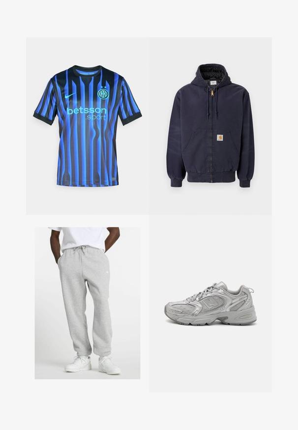 Tums navy zilā krāsā, ar rāvējslēdzēju, izgatavots no kokvilnas, ar izšūtu iekšpusi, kapuces auklām un priekšpuses logo uzlīmi.; Zila un melna svītrota futbola krekls ar īsām piedurknēm. Ar apaļu kaklu, Nike logo un tekstu "betsson.sport" gaiši zilā krāsā.; Vīrietis, tērpies gaiši pelēkās sporta biksēs ar auklu un baltām kedām, stāv ar rokām kabatās uz baltā fona.; Sudraba sporta apavi ar elegantu dizainu, acs paneļiem, mīkstu valvi, teksturētu sintētisku virsu un gumijas zoli labākai saķerei.