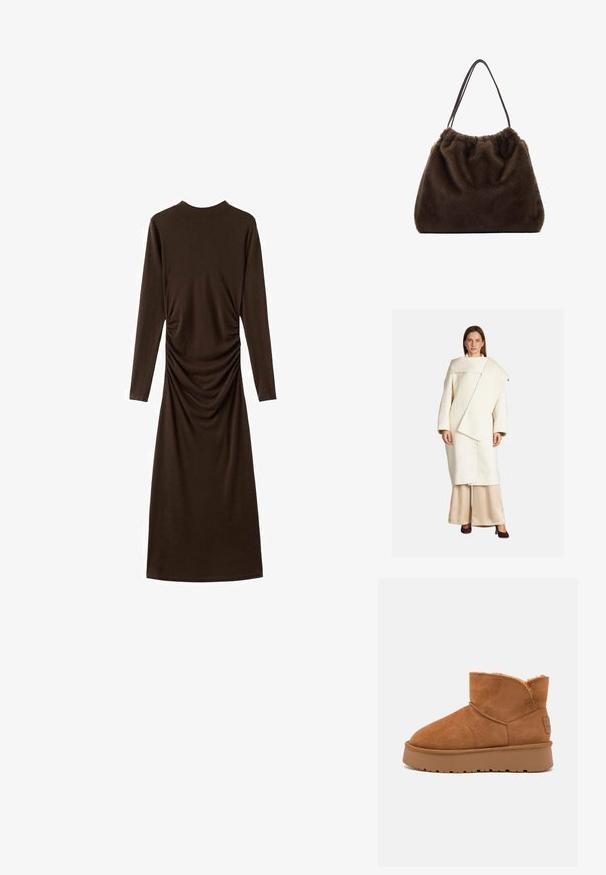 Witte wollen jas met een asymmetrisch ontwerp, brede mouwen en een grote kraag. Gecombineerd met beige satijnen broek en donkere hakken.; Langere mouw bruin jurkje gemaakt van zachte stof, met een geplooide zijkant. Het jurkje heeft een hoge halslijn en een aansluitende pasvorm.; Bruine suède enkellaars met een zachte bontvoering, ronde neus en dikke, gestructureerde rubberen zool. Bevat gestikte naden en een merklabel.; Bruine tas van zacht materiaal, met een geplooide bovenkant en twee slanke schouderbanden. Het ontwerp heeft een afgeronde vorm en geen zichtbare hardware.