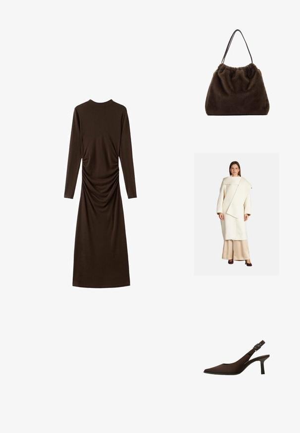 Biały wełniany płaszcz o asymetrycznym kroju, z szerokimi rękawami i dużym kołnierzem. Połączony z beżowymi satynowymi spodniami i ciemnymi obcasami.; Długa brązowa sukienka z długim rękawem, wykonana z miękkiego materiału, z marszczonym wykończeniem po bokach. Sukienka ma wysoki dekolt i dopasowany krój.; Brązowe zamszowe czółenka na pasek z odkrytą piętą, z wydłużonym noskiem, eleganckim fasonem, cienką szpilką oraz z akcentem klamry na pasku wokół kostki.; Brązowa torba futrzana o miękkiej fakturze, z gromadzonym wierzchem i dwoma smukłymi paskami na ramię. Projekt charakteryzuje się zaokrąglonym kształtem i brakiem widocznych elementów metalowych.