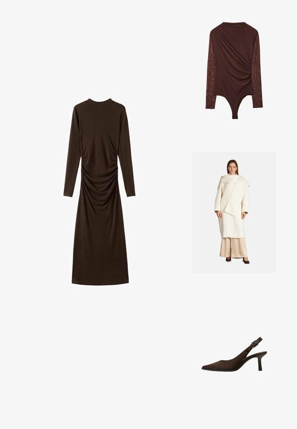 Biały wełniany płaszcz o asymetrycznym kroju, z szerokimi rękawami i dużym kołnierzem. Połączony z beżowymi satynowymi spodniami i ciemnymi obcasami.; Długa brązowa sukienka z długim rękawem, wykonana z miękkiego materiału, z marszczonym wykończeniem po bokach. Sukienka ma wysoki dekolt i dopasowany krój.; Body z długim rękawem w ciemno brązowym kolorze, z drapowaną konstrukcją na plecach, gładką fakturą i wycięciem typu thong na dole.; Brązowe zamszowe czółenka na pasek z odkrytą piętą, z wydłużonym noskiem, eleganckim fasonem, cienką szpilką oraz z akcentem klamry na pasku wokół kostki.