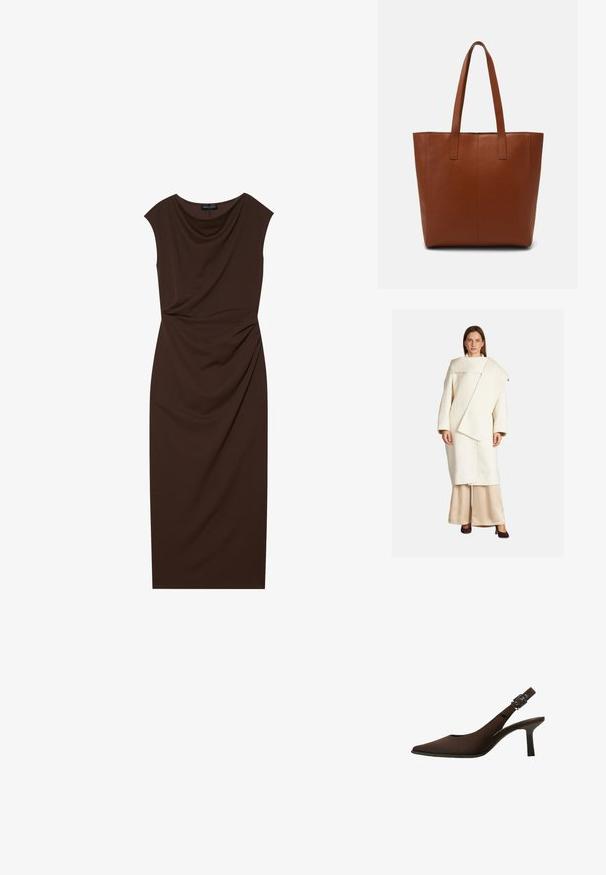 Weißer Wollmantel mit asymmetrischem Design, weiten Ärmeln und großem Kragen. Kombiniert mit beigen Satin-Hosen und dunklen Absätzen.; Braunes knielanges Kleid aus glattem Stoff, mit Drapierung am Dekolleté, kurzen Ärmeln und gerafften Details auf einer Seite.; Braun Wildleder Slingback-Pumps mit spitzem Zeh, schlankem Design, dünnem Absatz und einer Schnallenakzent auf dem Knöchelriemen.; Braune Leder-Shopper-Tasche mit glatter Textur, vertikalen Nahtdetails und zwei flachen Tragegriffen. Offenes Oberteil-Design, geräumiger Innenraum.