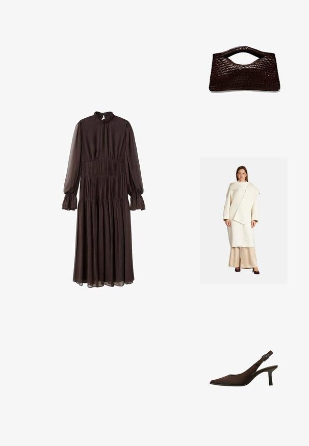 Weißer Wollmantel mit asymmetrischem Design, weiten Ärmeln und großem Kragen. Kombiniert mit beigen Satin-Hosen und dunklen Absätzen.; Braunes langärmliges Kleid mit hohem Ausschnitt, gerafftem Oberteil und ausladenden Ärmeln. Hergestellt aus leichtem Stoff, mit einem gestuften Rock.; Braun Wildleder Slingback-Pumps mit spitzem Zeh, schlankem Design, dünnem Absatz und einer Schnallenakzent auf dem Knöchelriemen.; Gewebte, dunkelbraune Handtasche mit einzigartiger Form, ausgestattet mit einem Ausschnittgriff und glatter Textur, ideal für einen modernen Stil.