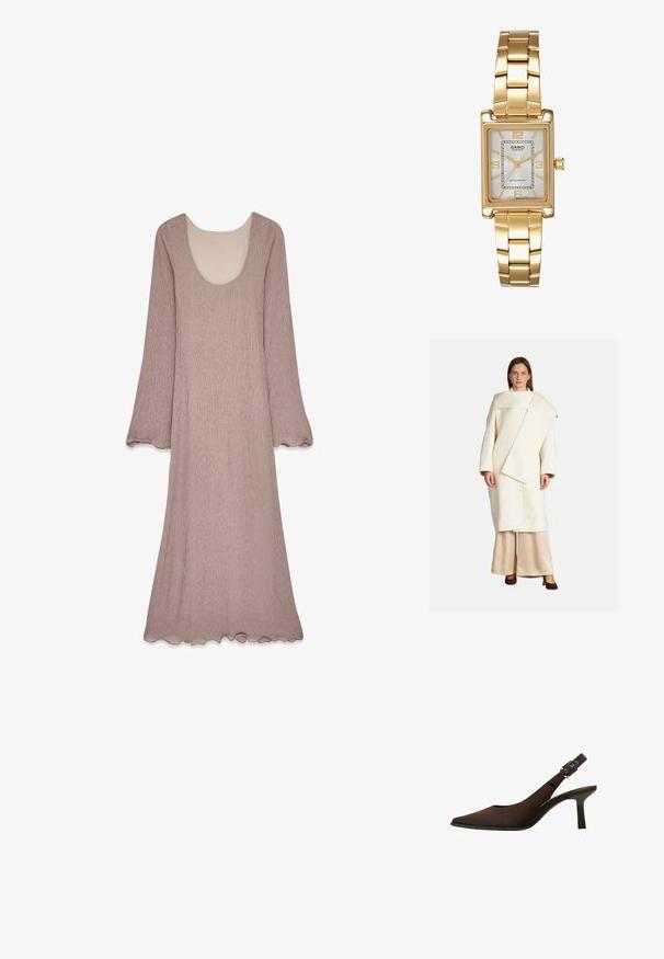 Cappotto di lana bianco con un design asimmetrico, maniche larghe e un grande colletto. Abbinato a pantaloni in satin beige e tacchi scuri.; Abito lungo di colore malva realizzato in tessuto testurizzato, presenta un ampio scollo a barchetta e maniche svasate, con un dettaglio a zigzag all'orlo.; Décolleté in suede marrone con punta affusolata, design elegante, tacco sottile e dettaglio con fibbia sul cinturino alla caviglia.; Orologio da polso rettangolare dorato con quadrante bianco, indicatori delle ore in tono argento e un robusto bracciale in metallo. Include la funzione di resistenza all'acqua.