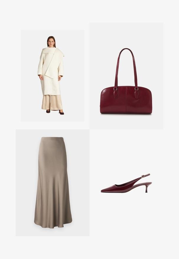 Biały wełniany płaszcz o asymetrycznym kroju, z szerokimi rękawami i dużym kołnierzem. Połączony z beżowymi satynowymi spodniami i ciemnymi obcasami.; Pasiasta koszula z długim rękawem w brązowo-białe paski, z punktowym kołnierzykiem i zaokrąglonym dołem. Teksturowana tkanina z pionowymi paskami.; Długa brązowa satynowa spódnica o gładkiej fakturze, z lekko rozszerzającym się dołem i płynącą sylwetką. Bez widocznych elementów metalowych ani wzorów.; Burgundowe lakierowane sandały na obcasie z wąskim noskiem i cienkim, eleganckim obcasem, z detalem w postaci złotej sprzączki na pasku.; Zign MURREN ciemnoczerwony