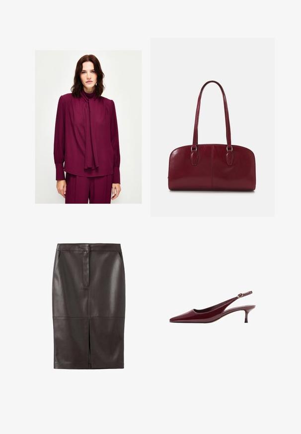 Weißer Wollmantel mit asymmetrischem Design, weiten Ärmeln und großem Kragen. Kombiniert mit beigen Satin-Hosen und dunklen Absätzen.; adL TIE DETAILED LONG SLEEVE - Bluse - damson; Brauner Leder-Bleistiftrock mit glatter Textur, vorderem Schlitz und zwei seitlichen Taschen; tailliertes Design mit gesteppten Details.; Burgunderfarbene, patentierte Slingback-Pumps mit spitzem Zehenbereich und dünnem, elegantem Absatz, ausgestattet mit einer Schnalle in Goldoptik am Riemen.; Zign LEATHER - Handtasche - dark red