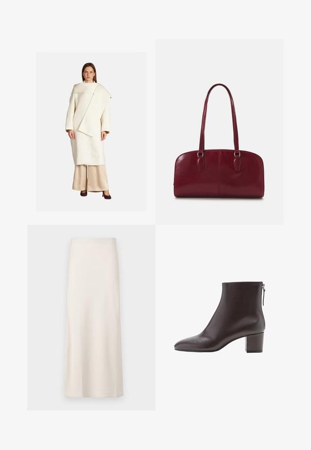 Biały wełniany płaszcz o asymetrycznym kroju, z szerokimi rękawami i dużym kołnierzem. Połączony z beżowymi satynowymi spodniami i ciemnymi obcasami.; Body z długim rękawem w ciemno brązowym kolorze, z drapowaną konstrukcją na plecach, gładką fakturą i wycięciem typu thong na dole.; Kremowa spódnica midi o gładkiej, satynowej teksturze i prostym kroju. Bez widocznych wzorów ani ozdób.; Ciemnobrązowy skórzany botek sięgający kostki z obcasem blokowym i zapięciem na zamek błyskawiczny z tyłu, przedstawiony w profilu na białym tle.; Zign MURREN ciemnoczerwony