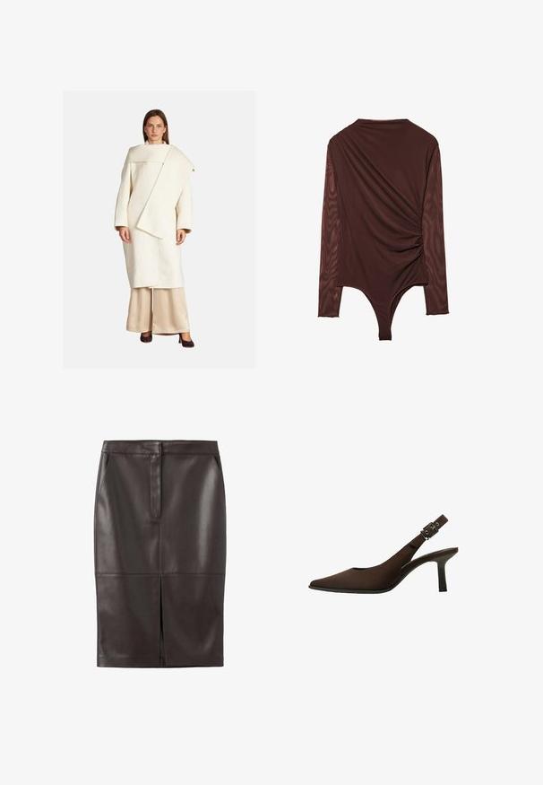 Biały wełniany płaszcz o asymetrycznym kroju, z szerokimi rękawami i dużym kołnierzem. Połączony z beżowymi satynowymi spodniami i ciemnymi obcasami.; Body z długim rękawem w ciemno brązowym kolorze, z drapowaną konstrukcją na plecach, gładką fakturą i wycięciem typu thong na dole.; Brąskowa skórzana spódnica ołówkowa o gładkiej fakturze, z rozcięciem z przodu i dwoma bocznymi kieszeniami; dopasowany krój z przeszyciami.; Brązowe zamszowe czółenka na pasek z odkrytą piętą, z wydłużonym noskiem, eleganckim fasonem, cienką szpilką oraz z akcentem klamry na pasku wokół kostki.