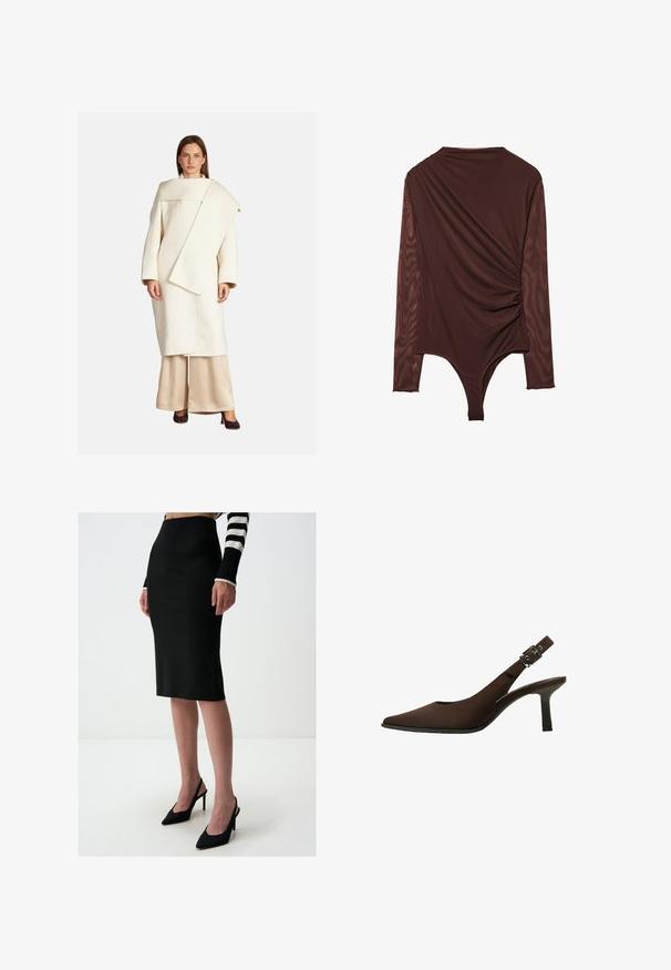 Biały wełniany płaszcz o asymetrycznym kroju, z szerokimi rękawami i dużym kołnierzem. Połączony z beżowymi satynowymi spodniami i ciemnymi obcasami.; Body z długim rękawem w ciemno brązowym kolorze, z drapowaną konstrukcją na plecach, gładką fakturą i wycięciem typu thong na dole.; Czarna spódnica ołówkowa z gładkiego materiału, sięgająca do połowy łydki, o dopasowanym kroju. Noszona z czarnymi szpilkami o spiczastych noskach.; Brązowe zamszowe czółenka na pasek z odkrytą piętą, z wydłużonym noskiem, eleganckim fasonem, cienką szpilką oraz z akcentem klamry na pasku wokół kostki.