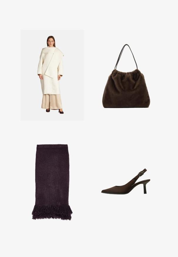 White wool coat with an asymmetric design, wide sleeves, and a large collar. Paired with beige satin pants and dark heels.; Long-sleeve bodysuit in dark brown fabric, featuring draped design on back, smooth texture, and thong cut at the bottom.; Purple textured towel with a plush surface, featuring fringed edges at the bottom for added detail.; Brown suede slingback pump with a pointed toe, sleek design, thin heel, and a buckle accent on the ankle strap.; Brown fur bag with a soft texture, gathered top, and two slender shoulder straps. Design features a rounded shape and no visible hardware.