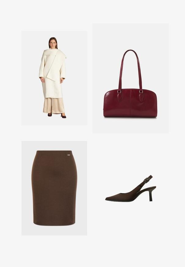 Weißer Wollmantel mit asymmetrischem Design, weiten Ärmeln und großem Kragen. Kombiniert mit beigen Satin-Hosen und dunklen Absätzen.; Langärmliger Body aus dunkelbraunem Stoff, mit drapierter Gestaltung auf dem Rücken, glatter Textur und Schlitzausschnitt am Saum.; Brauner Bleistiftrock aus dehnbarem Stoff mit glatter Textur. Hat eine figurbetonte Silhouette und ein kleines metallisches Logo-Detail am Bund.; Braun Wildleder Slingback-Pumps mit spitzem Zeh, schlankem Design, dünnem Absatz und einer Schnallenakzent auf dem Knöchelriemen.; Zign LEATHER - Handtasche - dark red