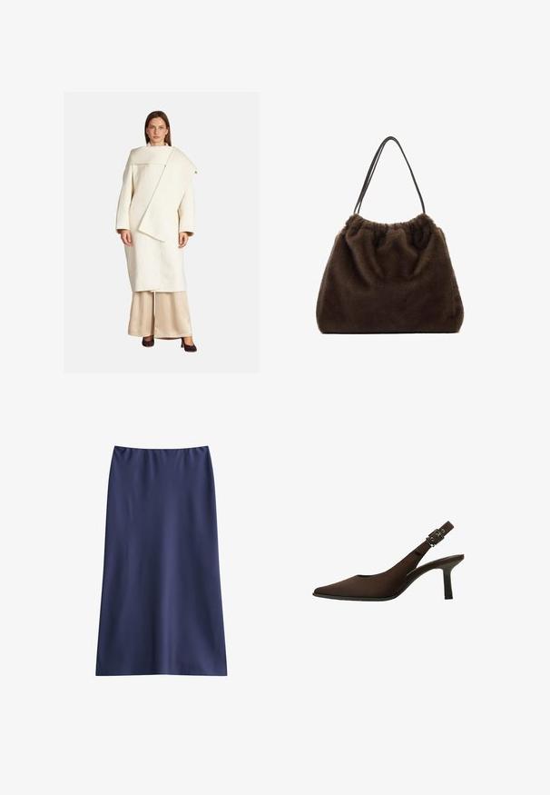 Biały wełniany płaszcz o asymetrycznym kroju, z szerokimi rękawami i dużym kołnierzem. Połączony z beżowymi satynowymi spodniami i ciemnymi obcasami.; Body z długim rękawem w ciemno brązowym kolorze, z drapowaną konstrukcją na plecach, gładką fakturą i wycięciem typu thong na dole.; Granatowa spódnica do kolan wykonana z gładkiego materiału, charakteryzująca się prostym, prostokątnym krojem z elastycznym paskiem w talii i bez widocznych zapięć.; Brązowe zamszowe czółenka na pasek z odkrytą piętą, z wydłużonym noskiem, eleganckim fasonem, cienką szpilką oraz z akcentem klamry na pasku wokół kostki.; Brązowa torba futrzana o miękkiej fakturze, z gromadzonym wierzchem i dwoma smukłymi paskami na ramię. Projekt charakteryzuje się zaokrąglonym kształtem i brakiem widocznych elementów metalowych.