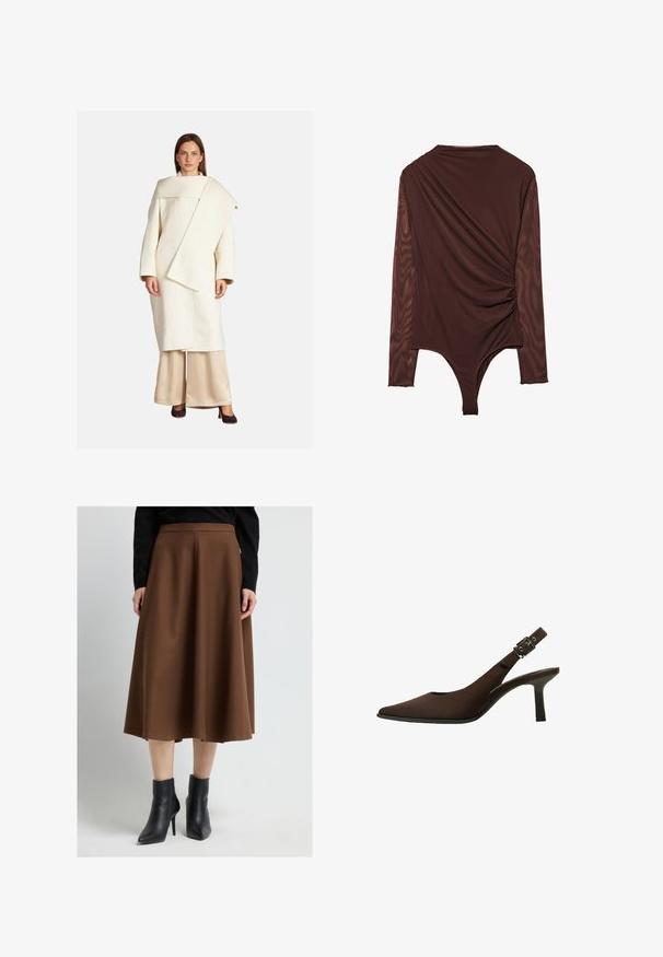 Witte wollen jas met een asymmetrisch ontwerp, brede mouwen en een grote kraag. Gecombineerd met beige satijnen broek en donkere hakken.; Langarm bodysuit in donkerbruin stof, met een gedrapeerd ontwerp op de rug, een gladde textuur en een string-cut aan de onderkant.; Bruine kokerrok tot op de knie van een gestructureerde stof, met een gladde tailleband en een uitlopende pasvorm. Gecombineerd met zwarte enkellaarsjes.; Bruine suede slingback pump met een spitse neus, slank ontwerp, dunne hak en een gespaccent op de enkelband.