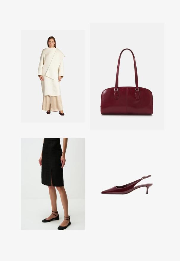 Manteau en laine blanche avec un design asymétrique, des manches larges et un grand col. Associé à un pantalon en satin beige et des talons foncés.; Bodysuit à manches longues en tissu marron foncé, avec un design drapé au dos, une texture lisse et une coupe thong au bas.; Jupe crayon noire en tissu texturé, longueur genou, avec une fente à l'avant, associée à des chaussures plates noires à brides de cheville.; Talons aiguilles en cuir verni bordeaux avec un bout pointu et un talon fin et élégant, agrémentés d'une boucle dorée sur la bride.; Zign LEATHER - Sac à main - dark red