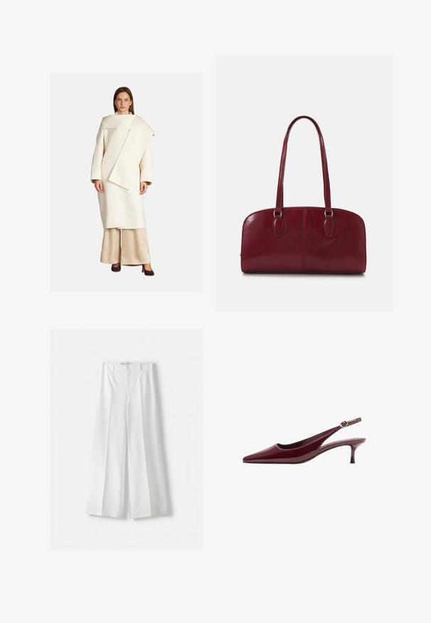 Vit ullkappa med en asymmetrisk design, vida ärmar och en stor krage. Kombinerad med beige satinpantalonger och mörka klackar.; Långärmad bodysuit i mörkbrunt tyg, med draperad design på baksidan, slät textur och tanga-kapning längst ner.; Bershka WIDE-LEG TAILORED - Tygbyxor - white; Burgundy patenterad läder klämd häl med spetsig tå och en tunn, elegant häl, med en detalj i guldton på remmen.; Zign LEATHER - Handväska - dark red