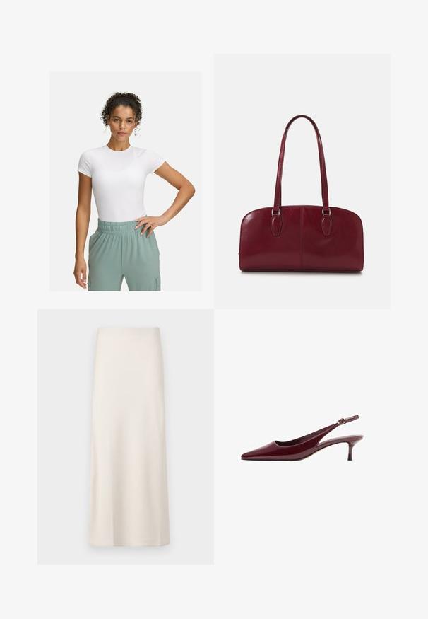 Cappotto di lana bianco con un design asimmetrico, maniche larghe e un grande colletto. Abbinato a pantaloni in satin beige e tacchi scuri.; T-shirt bianca aderente con maniche corte, abbinata a pantaloni con elastico in vita di colore verde chiaro. Texture liscia, design minimalista e nessun motivo visibile.; Gonna midi di colore crema, con una superficie liscia e satinata e una vestibilità dritta. Nessun motivo visibile o decorazioni.; Tacchi slingback in pelle verniciata bordeaux con punta affilata e tacco sottile ed elegante, caratterizzati da un dettaglio di fibbia dorata sulla fascia.; Zign LEATHER - Borsa a mano - dark red