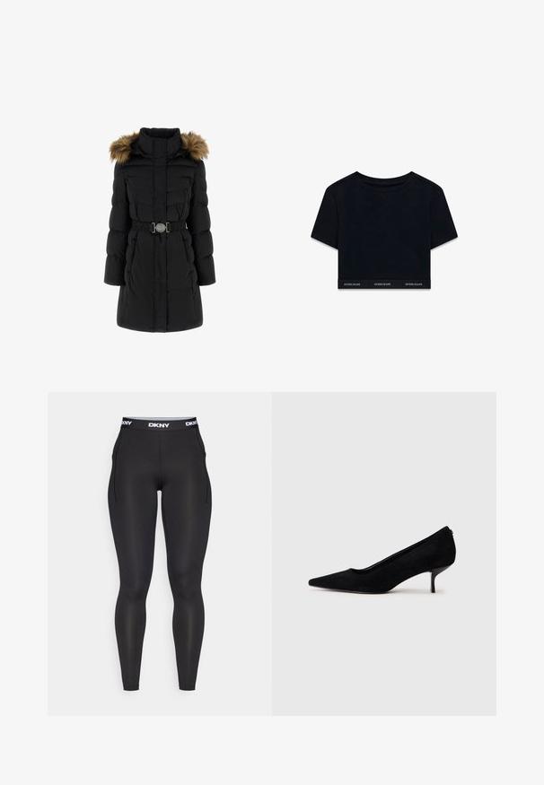Cappotto imbottito nero con cappuccio in finta pelliccia rimovibile, vita con cintura e tasche laterali. Presenta una texture trapuntata e un colletto alto.; T-shirt cropped nera in morbido tessuto con maniche corte e scollatura rotonda. Presenta una banda con logo all'orlo con la scritta "GUESS JEANS" in bianco.; Leggings da performance neri con elastico in vita con logo DKNY, realizzati in un tessuto morbido e elastico. Presentano cuciture laterali e una silhouette aderente.; Scarpa nera in suede con tacco alto appuntito e tacco sottile e basso. Texture liscia con un design elegante, priva di accessori visibili.