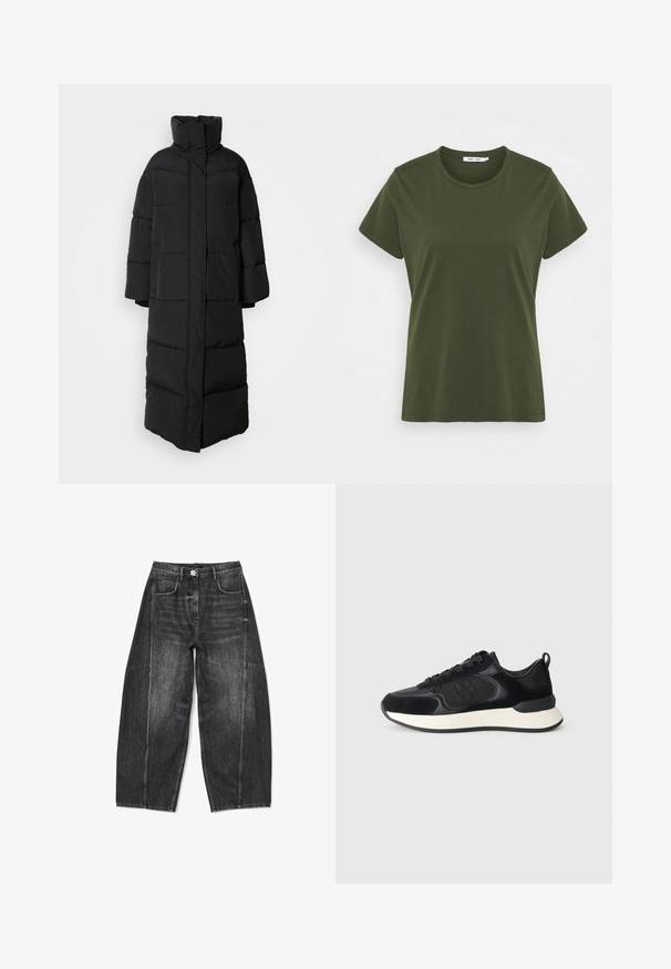 Dlouhý černý péřový kabát s vysokým límcem, širokými rukávy a vertikálními prošívanými částmi, s čistým uzavřeným předním designem.; Olivově zelené bavlněné tričko s kulatým výstřihem a krátkými rukávy. Má hladkou texturu a volný střih.; Široké černé džíny z denimu s vybledlým vzhledem, obsahující pět kapes a detailní prošívání. Pásek zahrnuje ozdobný knoflík.; Černá sportovní obuv s hladkým koženým svrškem, semišovými detaily, kulatou špičkou a kontrastní bílou mezipodešví. Obsahuje šněrování a logo.