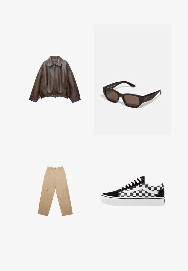 PULL&BEAR Faux leather jacket - dark brown; Burgundy knit cardigan featuring a deep V-neck, three large buttons, and ribbed texture with long sleeves, cropped design.; Button-up, long-sleeve shirt with a light pink and white striped pattern, featuring side ruching and adjustable ties at the waist.; Beige cargo pants made of fabric, featuring two front pockets and a relaxed, wide-leg design. The waistband includes a button and zipper closure.; Black and white checkerboard canvas sneaker with black suede accents, white laces, and rubber sole. Side logo features contrasting design.; Tortoiseshell sunglasses with rectangular brown lenses. Glossy plastic frame features gold "vogue" branding on the side.