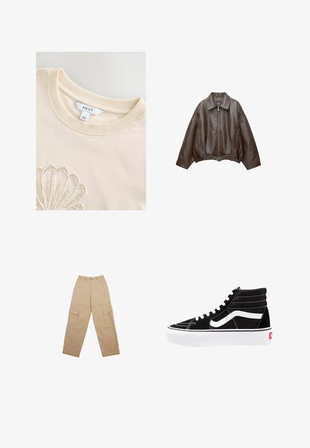 PULL&BEAR Imiteret læderjakke - dark brown; Burgunderfarvet strikcardigan med dyb V-udskæring, tre store knapper og ribbet tekstur med lange ærmer, cropped design.; Cremefarvet bomulds sweatshirt med ribbet rund hals og indviklet perlebroderi, der danner et muslingmønster på forsiden. Mærkets label er synlig.; Beige cargobukser lavet af stof, med to frontlommer og et afslappet, bredt ben design. Livremmen har en knap og lynlås lukning.; Sorte høj-top sneakers med hvide snørebånd, et hvidt logo og kontrasterende hvid syning. Har en tyk hvid sål og struktureret ruskindsoverdel.