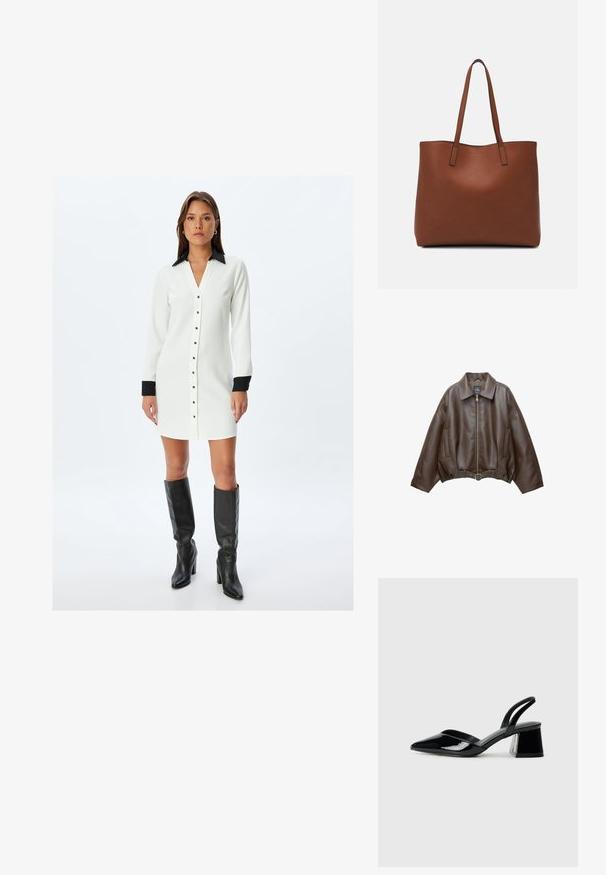 PULL&BEAR Keinonahkatakki - dark brown; Valkoinen napitettava mekko, jossa on musta kaulus ja hihansuut, suora leikkaus, pitkät hihat ja metallinapit.; Mustat patentoitu nahkakengät, joissa on säären takaosa ja terävä kärki, sekä geometrinen palikkakorko. Sisältää tyylikkään, minimalistisen muotoilun ja sileän pinnan.; Ruskea nahkainen olkalaukku, jossa on sileä pinta, avoin yläosa ja kaksi olkahihnaa. Omaavat vain minimaalisen ompelun eikä näkyvää metalliosaa.