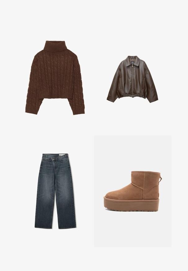 PULL&BEAR Műbőr dzseki - dark brown; Barna, kábelmintás, rövid fazonú pulóver magas garbónyakkal és hosszú ujjakkal, bordázott szegéllyel és mindenütt texturált mintázattal.; Sötét mosású farmernadrág, széles lábakkal, magas derékkal, öt zsebbel és finom kopásnyomokkal az elején.; Barna suede bokacsizma platform talppal, lekerekített orral és varrás részletekkel; a hátsó részen húzófül található a könnyű felhúzás érdekében.