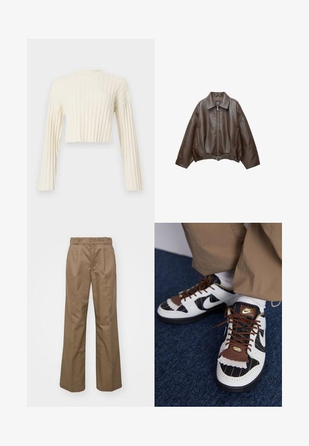 PULL&BEAR - Kurtka ze skóry ekologicznej; Skórzana, krótka sweterek w kolorze kremowym z pionowym prążkowym wzorem, długimi rękawami i prostym okrągłym dekoltem. Miękka faktura materiału.; Brązowe spodnie o szerokich nogawkach, wykonane z wytrzymałego materiału. Posiadają zakładki z przodu, gładką teksturę oraz klasyczny krój pasa.; Sneakers Nike w białych, czarnych i brązowych materiałach. Charakteryzują się teksturowanym brązowym klapkiem, wzorem w paski oraz tradycyjnym sznurowaniem z złotymi akcentami.