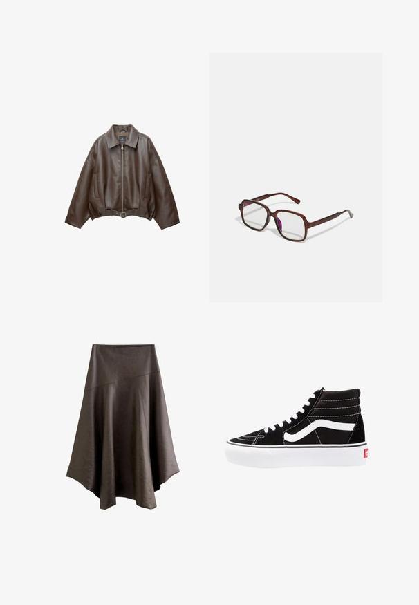 PULL&BEAR Imitatieleren jas - dark brown; Knopenhemd met lange mouwen in een lichtroze en witte gestreepte patroon, met zijruching en verstelbare strikken in de taille.; Donkerbruin faux leren asymmetrische midi rok met gestikte panels en een uitlopende zoom.; Zwarte high-top sneakers met witte veters, een wit logo en contrasterende witte stiksels. Heeft een dikke witte zool en een bovenwerk van gestructureerd suede.; Bruine, rechthoekige bril met transparante glazen en paarse tinten. Glad kunststof montuur met rechte pootjes en subtiele accenten.; Zachte bruine hobo-stijl handtas met een enkele brede schouderband en een gebogen opening aan de bovenkant, weergegeven op een witte achtergrond.; Driedelige ketting met gouden kettingen, een zilveren kraalstrang en een centraal knoopdetail. Inclusief een verstelbare sluiting.