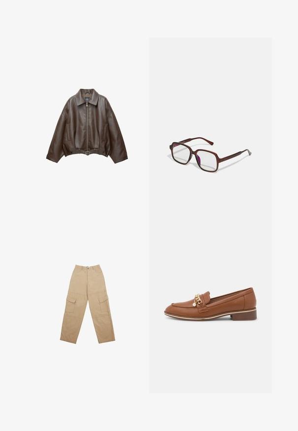 PULL&BEAR - Kurtka ze skóry ekologicznej; Koszula z długim rękawem, zapinana na guziki, w jasnoróżowy i biały paski, z bocznymi marszczeniami i regulowanymi tasiemkami w talii.; Beżowe spodnie cargo wykonane z materiału, z dwiema przednimi kieszeniami i luźnym, szerokim krojem nogawek. Pas zawiera zapięcie na guzik i zamek błyskawiczny.; Brązowe skórzane mokasyny z złotym akcentem w postaci łańcuszka i perłowym detalem. Posiadają okrągły czubek oraz niski blokowy obcas. Gładka faktura i elegancki design.; Brązowe, prostokątne okulary z przezroczystymi soczewkami i fioletowymi odcieniami. Gładka plastikowa oprawka z prostymi zausznikami i subtelnymi detalami.; Miękka, brązowa torebka w stylu hobo z jedną szeroką rączką i wyprofilowanym otwarciem, wyeksponowana na białym tle.