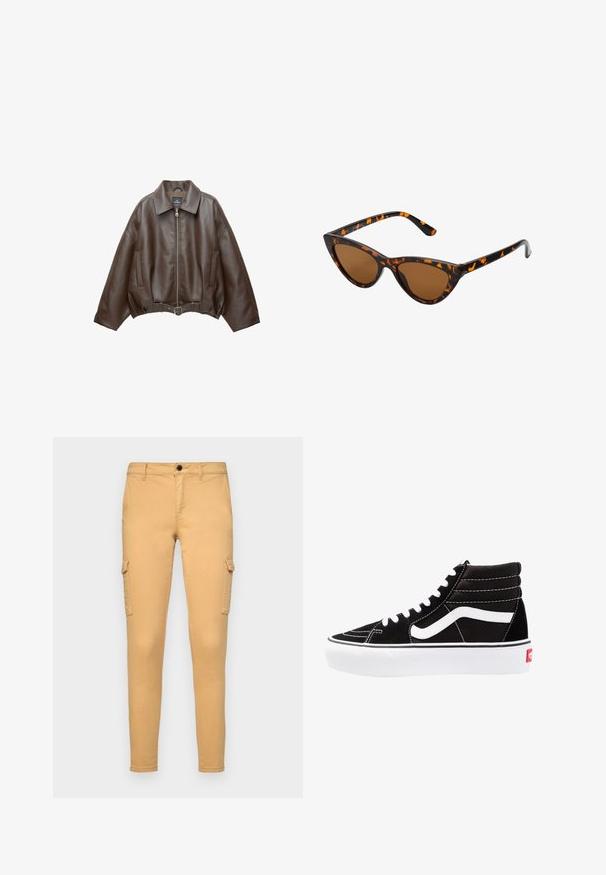 PULL&BEAR Jakna iz umetnega usnja - dark brown; Srajca z dolgimi rokavi, s sprednjim gumbom, v svetlo rožnati in beli črtasti vzorcu, s stranskimi gubanji in nastavljivimi vezalkami v pasu.; Bežna cargo hlače iz bombaža, z bočnimi žepi, sprednjim gumbom in slim fit obliko. Gladka tekstura, brez vidnih vzorcev.; Črne visoke superge z belimi vezalkami, belim logotipom in kontrastnim belim šivom. Imajo debel bel podplat in teksturirano usnje.; Mačje oči sončna očala z okvirom v črno-oranžni želvej ohišji, rjavimi lečami in elegantnimi, ostrimi konicami. Imajo minimalistični logo na ročaju.; Mehakna rjava torbica v hobo stilu z enim širokim trakom in ukrivljenim odprtjem na vrhu, prikazana na beli podlagi.