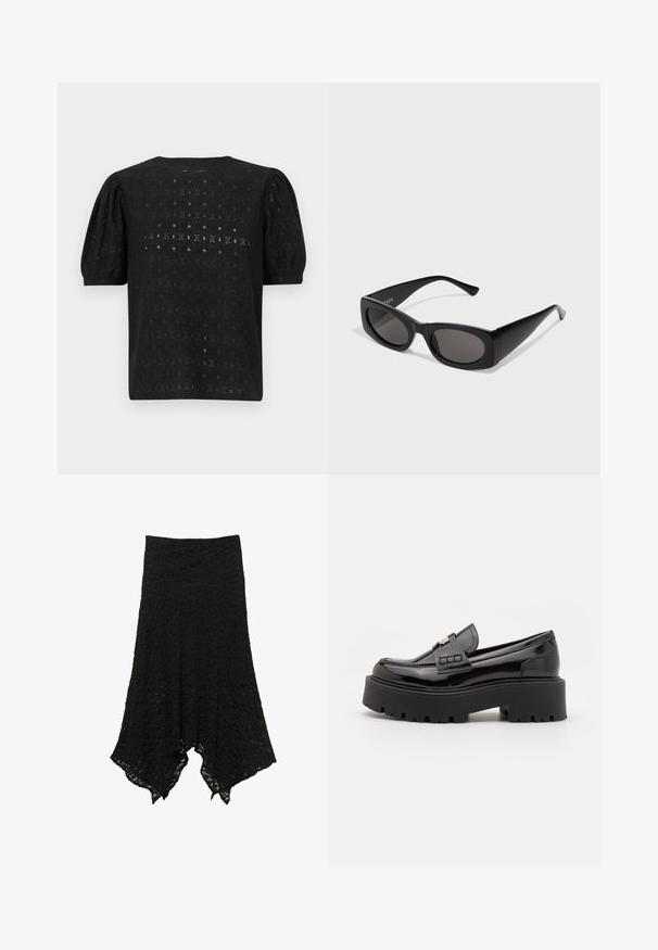 PULL&BEAR Jakna od umjetne kože - dark brown; Crna vezeno majica s okruglim izrezom, napuhanim rukavima i složenim prozračnim uzorkom kroz cijelu tkaninu.; Crna čipkasta suknja A-linije, s teksturiranim uzorkom i nejednakim rubom. Ima rastezljiv pojas za udobnost.; Madden Girl CALISTA - Obuća za navlačenje - black; Crne sunčane naočale s pravokutnim okvirom, tamnim lećama i reljefnim stranama. Imaju moderan, suvremen dizajn i odvažne siluete.