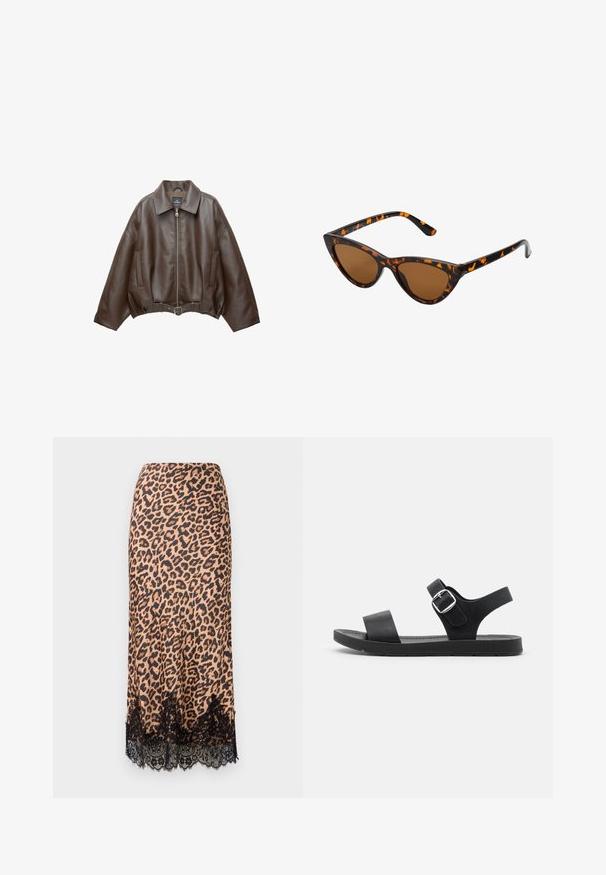 PULL&BEAR Bunda z umělé kůže - dark brown; Béžový halter top s přehozem v přední části, který má hladkou texturu a malé kovové detaily podél výstřihu. Zavazuje se na zádech.; Midi sukně s leopardím vzorem vyrobená z hladké látky, s černou krajkovou spodní lemovkou, v A-linii a se přiléhavým pasem.; Černé sandály s plochou podrážkou, nastavitelnou sponou, dvěma širokými popruhy a hladkým povrchem, navržené pro pohodlí a snadné nošení.; Sluneční brýle ve stylu kočičích očí s černo-oranžovým želvovinovým rámem, hnědými skly a elegantními, špičatými konci. Obsahují minimalistické logo na straně.; Zlatá kabelka má texturovanou látku s kulatými kovovými nýty, trojúhelníkovou logo destičku a řetízkový popruh s kulatými kovovými očky.