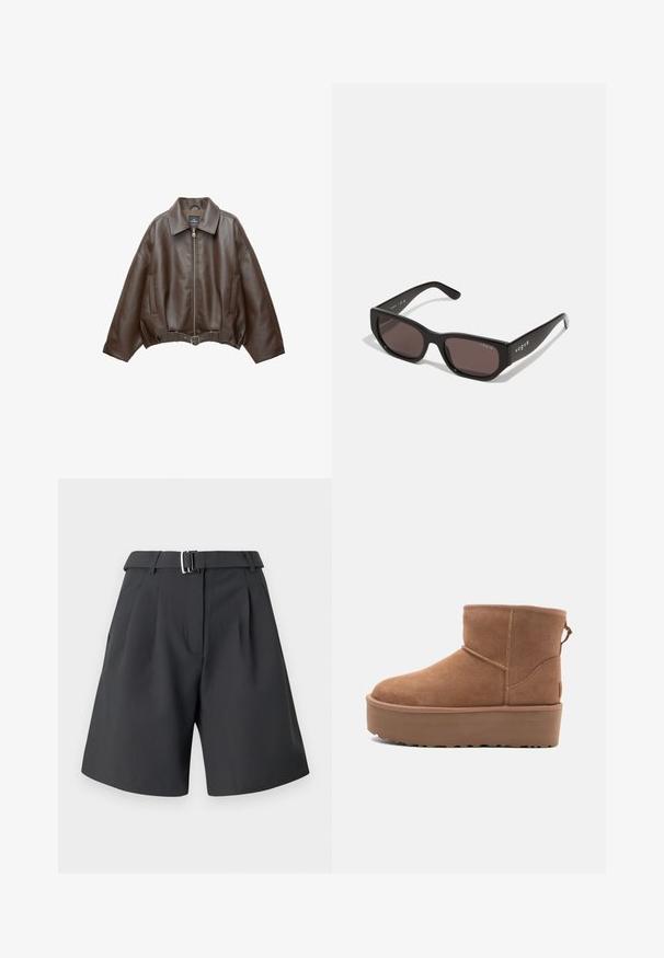PULL&BEAR Műbőr dzseki - dark brown; Két hosszú ujjú garbó felső, az egyik fehér, a másik fekete, sima, rugalmas anyagból készült, mindkettő karcsú szabású és magas nyakú.; Sötétszürke rövidnadrág sima anyagból, pliszírozott elülső résszel, definiált derékpánttal fém csattal, és oldalsó zsebekkel.; Barna suede bokacsizma platform talppal, lekerekített orral és varrás részletekkel; a hátsó részen húzófül található a könnyű felhúzás érdekében.; Fekete téglalap alakú napszemüveg sötét lencsékkel. Simává csiszolt műanyagráma és logó részlet található a szárán. Tiszta, modern dizájn.